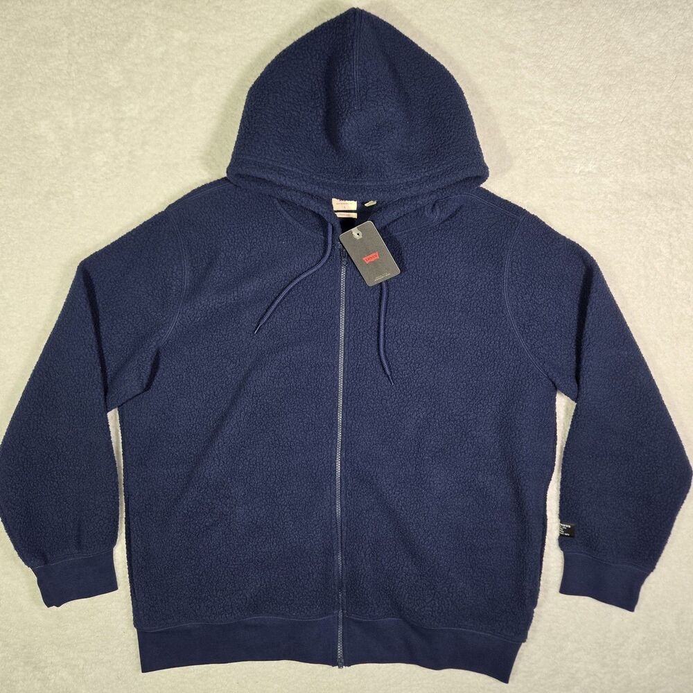 Levi's Mens Large Standard Fit Sherpa Full Zip Hooded Jacket Hoodie Navy Blue L